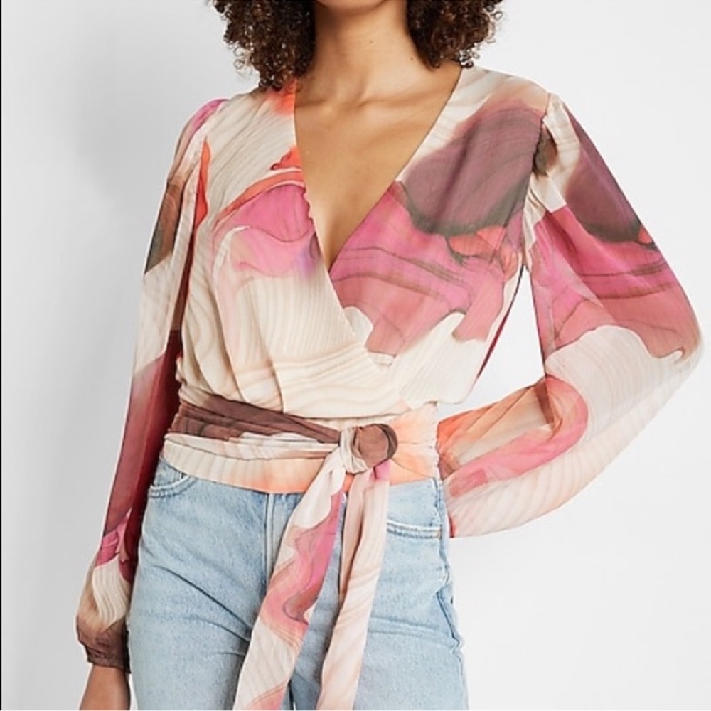 EXPRESS Conscious Edit Printed Faux Wrap Cropped Tie Waist Top